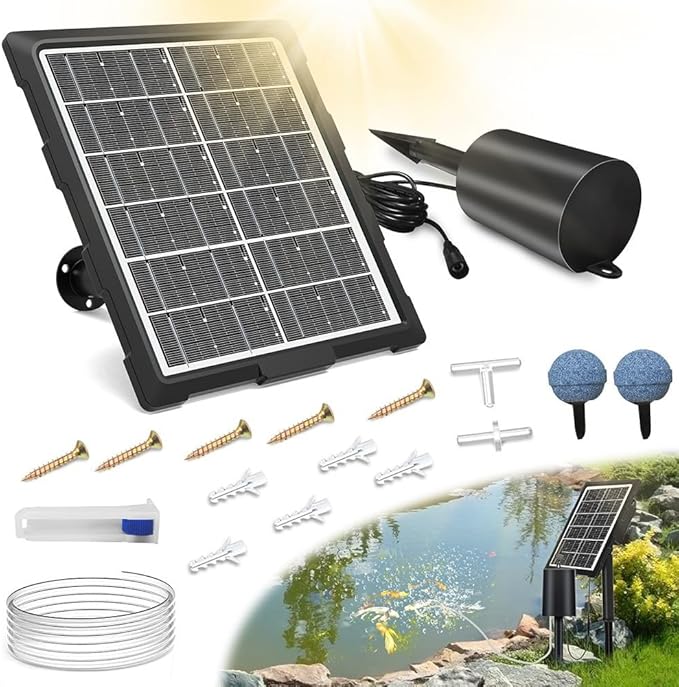 Solar Powered Pond Oxygen Pump with Quiet Motor and Energy Storage Provides Adjustable Oxygen Supply to Promote Healthy Water Life and Fish Survival