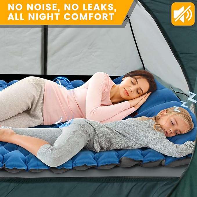 Double Sleeping Pad for Camping, 4in Extra-Thick with Built-in Foot Pump & Pillow, Compact 2 Person Ultralight Camp Air Mattress for Backpacking, Hiking, Tent, Car, Travel, Gift