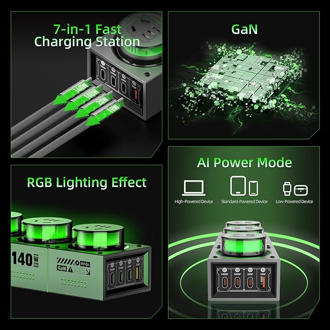 Mfish E-Tank 140W GaN Desktop Charging Station, 7-in-1 Charging Hub with 3 AC Outlets & 4 USB-C Ports (Up to 140W PD 3.1), RGB Desk Power Hub for Gaming Setup, Creator Workstation & Home Office