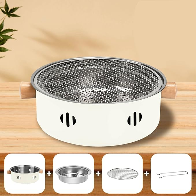 Portable Charcoal Barbecue Grill, 1pc Mini BBQ Grill Multifunctional Charcoal Grill Round Tabletop Charcoal Grill for Outdoor Cooking Home Party Picnic Camping (Beige)