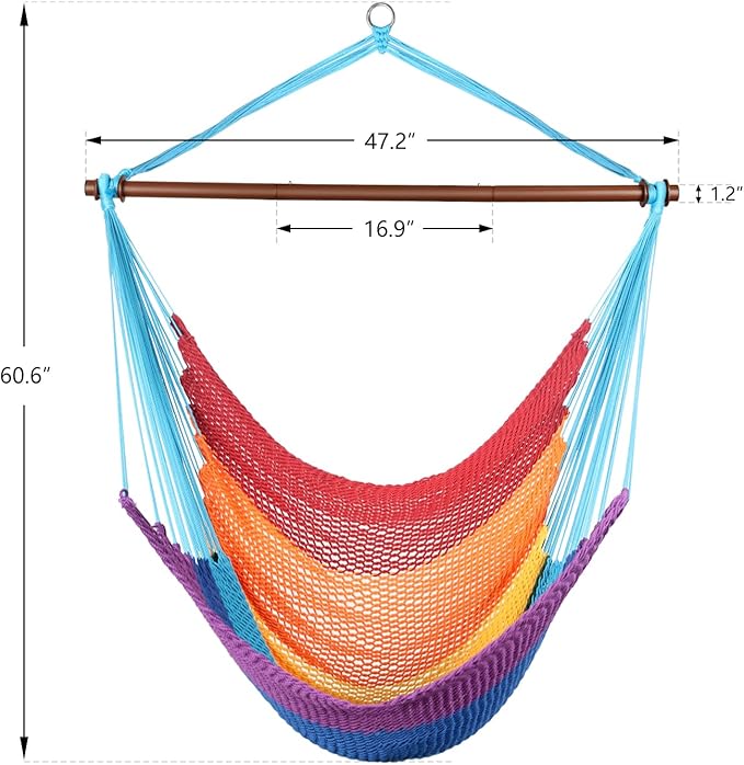 Upgraded Caribbean Hammock Chair with Detachable Metal Bar, Large Hammock Swing Chair, XL Rope Hanging Chair for Outdoor Indoor, 330 LBS Weight Capacity, HawaiiRainbow