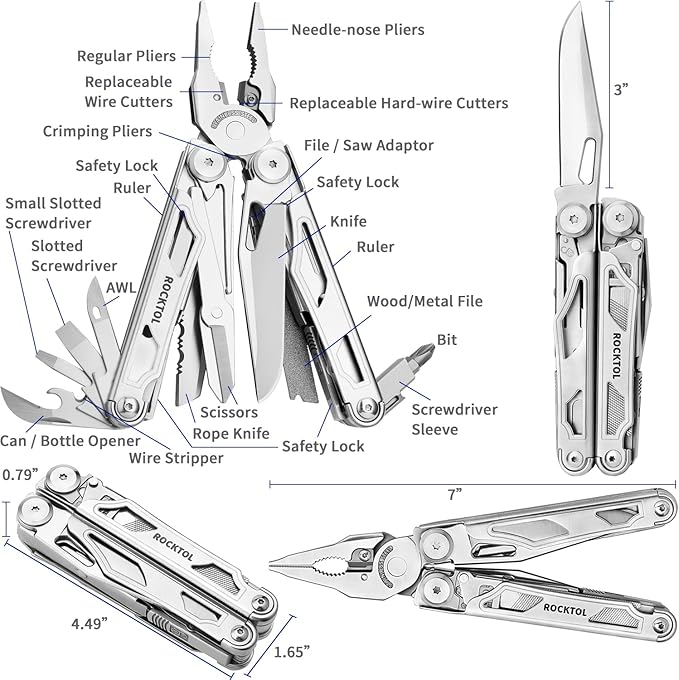 ROCKTOL Multitool, 29-in-1 Multitool Pliers with Replaceable Wire Cutters and Saw, Heavy-duty Stainless Steel Multi-tool Set and Nylon Sheath for Camping Survival multi tool for Man