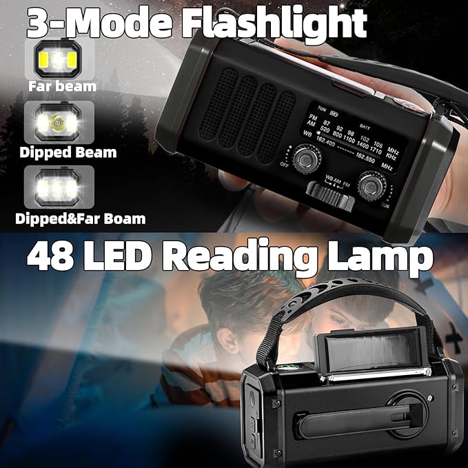 QAUYYW Hand Crank Emergency Radio,37000mWh Solar Powered Portable NOAA AM FM Weather Radio with 3Mode Flashlight and Reading Light,Cell Phone Charger,Home and Emergency Distress Signal (Black)