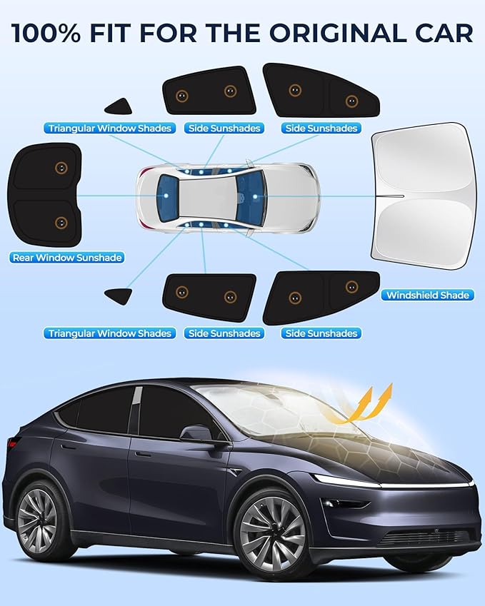 Fit for Tesla Model Y Juniper 2025 2026 Car Window Shades with Suction Cups (No Falling), 8pcs Privacy Sun Shade Set for Front Windshield Side and Rear Windows, Full Window Covers for Camping Napping