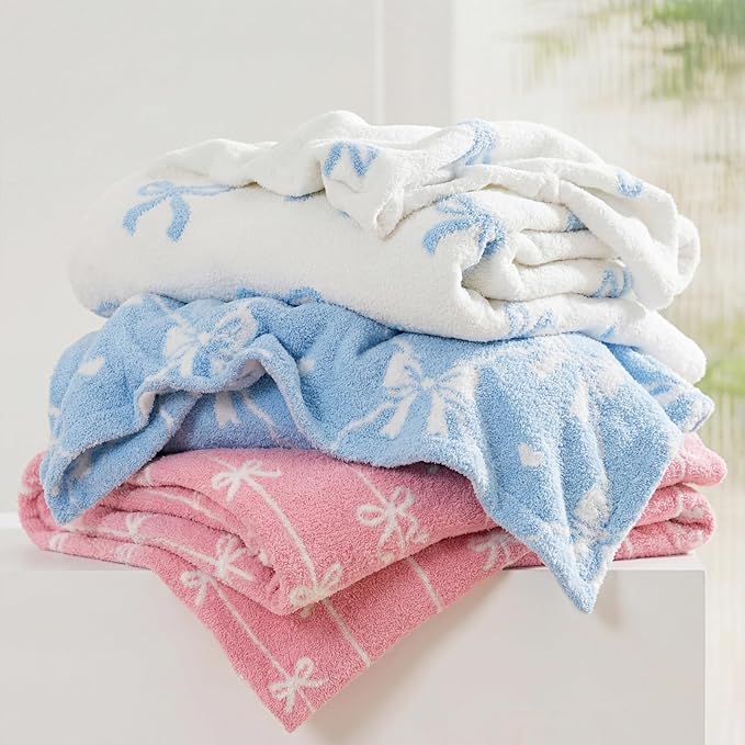 WRENSONGE Blue Bow Throw Blanket Soft Cozy Fluffy Warm Throw for Couch Sofa Bed Camping Picnic Travel Lightweight - 50"*60"