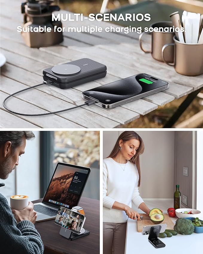 RORRY Portable Charger, 3-in-1 Charging Station 10000mAh Portable Charger Power Bank for MagSafe Foldable Battery Pack Travel for iPhone 17/16/15, for Apple Watch 10/9/8/Ultra/2, Dark Black