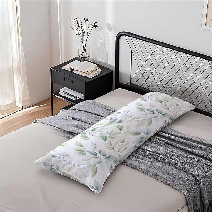 Green Leaf Decorative Home Pillow Covers, Watercolor Floral Eucalyptus Leaves Long Body Pillow Cover Sleeper Cushion Cover Body Pillowcase for Man Woman Sofa Patio Shop 20x54 Inch