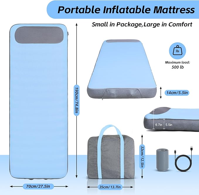 Sleeping Pad, 5.5" Thick Self Inflating Sleeping Pad with Electric Pump,4 Season Camping Mattress Pad with Built-in Pillow, Camping Essentials Gear for Hiking, Backpacking,Tent Use,Camping(Blue)