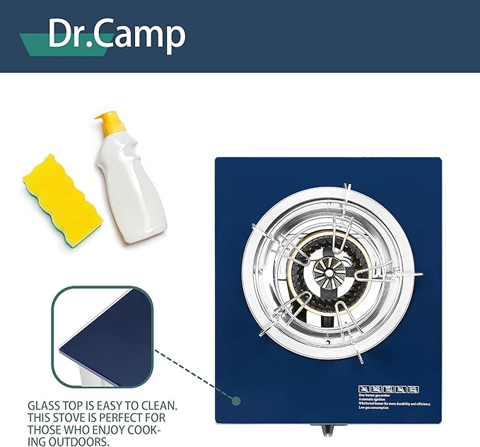 Dr.Camp Propane Gas Stove 12000 BTU Single Burner Glass Top Outdoor Camping Stove with CSA Listed Regulator and Gas Hose