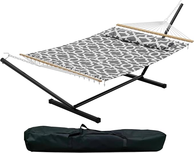 Double Hammock with Stand for 2 Person, Outdoor Freestanding Hammock Bed with 475lb Capacity - Heavy Duty Steel Frame, Quilted Pillow & Portable Carry Bag, Easy Assembly, Light Gray