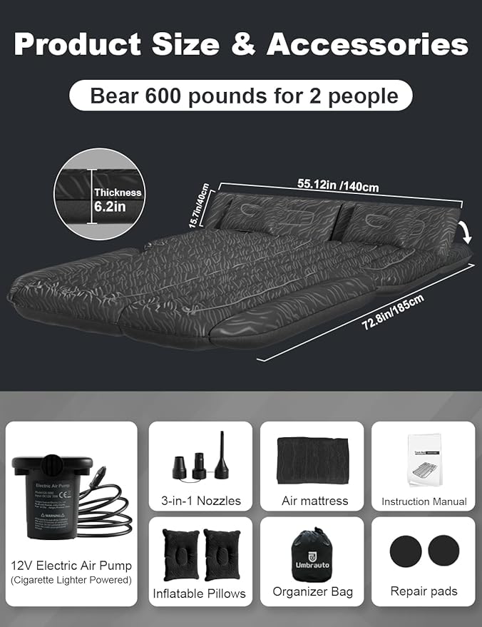 Umbrauto SUV Air Mattress, Quick Inflation Inflatable Car Camping Bed for Back Trunk Sleeping, Flocked Surface/Leakproof PVC/Reinforced Bottom Airbed Fits Most SUVs with Pump, Pillows, Carry Bag
