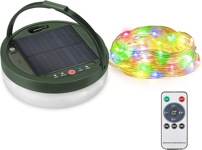 Anpro Solar Camping String Lights 4 in 1, 32.8Ft Ultra Long Multi-Color LED String, 3600mAh Solar Powered and USB Rechargeable Light with Remote Control, Portable Camping Light for Hiking, Decoration