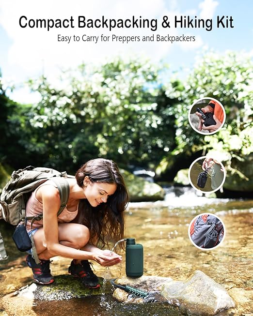 BKLES Camping Water Filter – Water Filtration System Survival with 0.01 Micron, 6-Stage Portable Water Filter, Electric Emergency Water Purifier with SOS Light for Hiking, Travel, Backpacking – Green