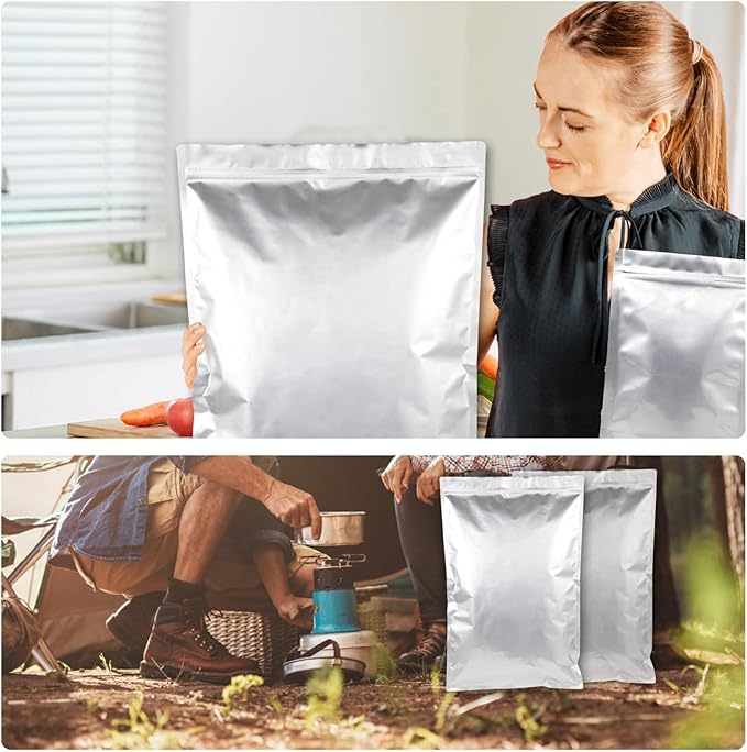 10PCS 5 Gallon Mylar Bags with 2500CC Oxygen Absorbers and Labels, Zipper Resealable Pouches Heat Sealable Bags for Long Term Food Storage