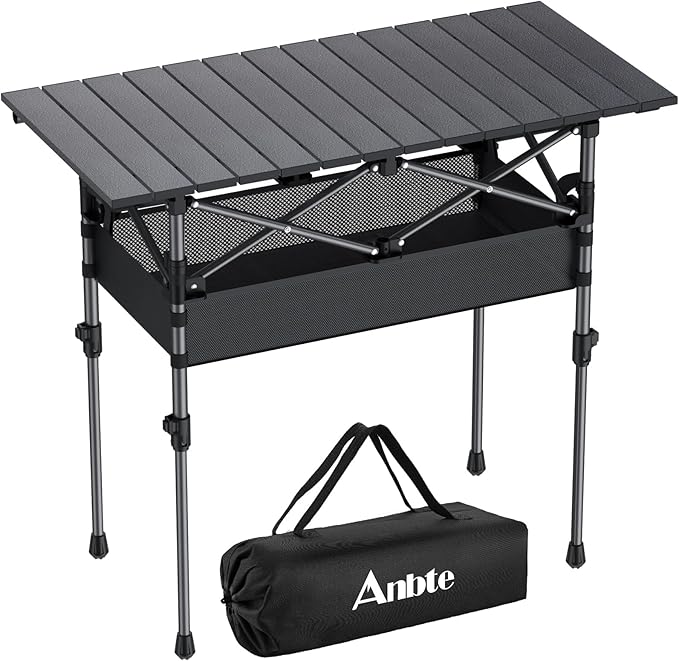 Anbte 3ft Aluminum Roll Top Camping Table, 2 Adjustable Height Camping Table Folding with Storage Net & Bag Lightweight Roll Up Table for Indoor Outdoor Backyard BBQ Patio Picnic, 32.2” X 16”, Black