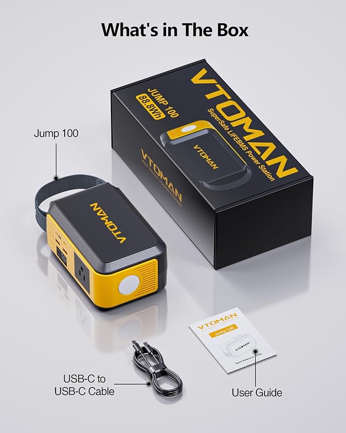 VTOMAN Jump 100 Portable Power Station, 88.8Wh Solar Generator LiFePO4 Battery Power Station with 100W (Peak 200W) AC Outlet, 1x PD 65W USB-C, 2x Regulated 5V/2.4A USB-A for Camping