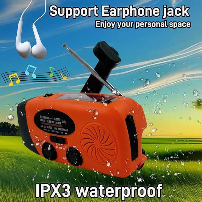 5000mAh Hand Crank Emergency Weather Radio, am fm noaa Solar Radio with Led Flashlight and Earphone Jack, Charger for Smartphone, USB-C Cable/Self Powered with SOS Alarm (Orange)