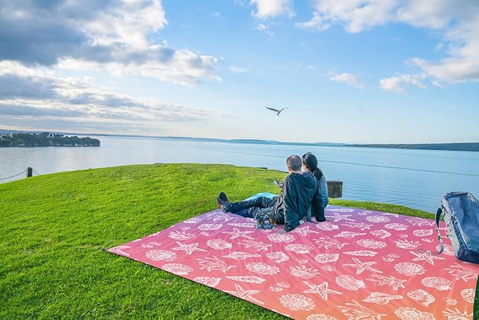 WEKAPO Beach Blanket Waterproof Sandproof Oversized, Extra Large Beach Mat Sand Free, Lightweight & Compact Sand Free Mat with 5 Stakes & 4 Corner Pockets