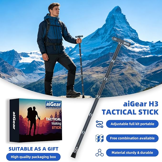 aiGear H3 Tactical Survival Walking Stick, Outdoor Hiking Staff Multitool Gear Adjustable Trekking Poles for Camping Hiking Survival 6-8 Tubes(with Multitool)
