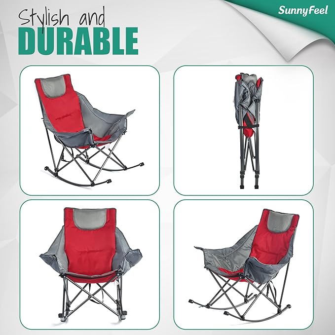 SUNNYFEEL Oversized Rocking Camping Chair 2 Pack, Fully Padded Patio Chair with Side Pocket, High Back Portable Lawn Recliner with Carry Bag, Outdoor Rocker Camp Chairs for Adults Heavy Duty 500 LBS