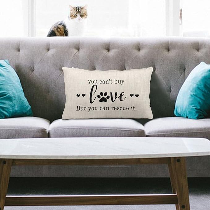 ITFRO Nice Dog Lover Gift to Sister Paw Prints You Cant Buy Love But You Can Rescue It Burlap Cream Throw Pillow Case Cushion Cover Couch Sofa Decorative Rectangle 12x20 Inches (Love)