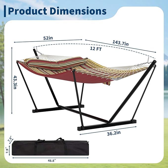 GarveeHome Portable 2 Person Double Hammock with Sturdy Heavy-Duty Steel Stand – 450LBS Max Load, Quick & Effortless Assembly, Perfect for Indoor Living, Yard, Patio & Camping Trips