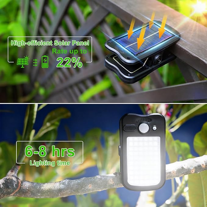 Tryme Clip on Solar Lights Outdoor Motion Sensor Lights 60 LEDs, 3 Modes, Dual Charging, Portable Waterproof Security Light for Fence, Deck, Camping, Grill (2 Pack)
