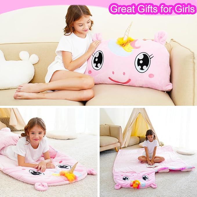 Kid Sleeping Bag with Pillow - Larger Nap Mat - Plush Slumber Bag for Boys Girls Daycare Preschool Kindergarten Birthday Gift Travel Sleepover Ages 3-12 Years