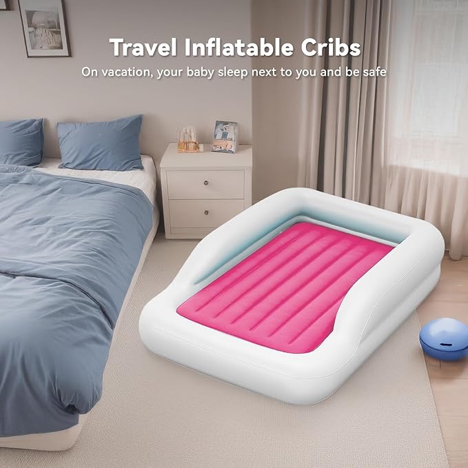 COMMOUDS Portable Toddler Travel Bed with Safety Bumpers, Inflatable Kids Air Mattress with Electric Pump, Baby Blow up Mattress, for Grandma's Home Camping Vacation