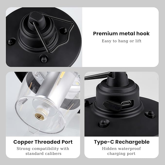 Hanging Camping Light, Antique Black, Rechargeable LED Camping Lantern with Three Light Modes, Cordless, Vintage, Weatherproof Tent Light for Camping, Outdoor, Emergency Use