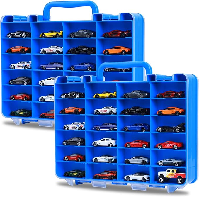 Saichotoy Storage Case for Hot Wheels - Carrying Display Case for 1/64 Scale Toy Cars, 48-Slot Double-Sided Transparent Organizer with Adjustable Dividers (Blue, 2 Packs)