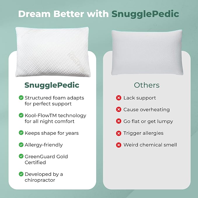 Snuggle-Pedic King Size Shredded Memory Foam Sleeping Pillow - Cooling Supportive Neck & Spine Alignment for Side Sleepers, Maternity Relief, Posture Correction & Dorm Use - USA Quality