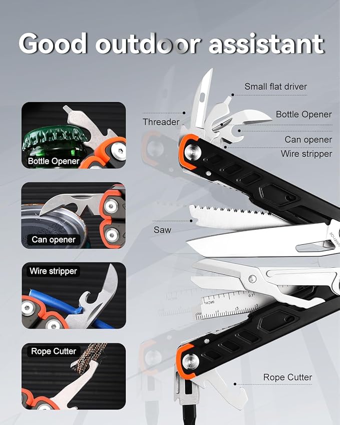 Multitool 15-in-1 Stainless Steel Multi Tool Pliers with Knife, Spring-Action Pliers and Scissors, Multitool for Survival, Camping, Hiking, Gifts for Men (Black)
