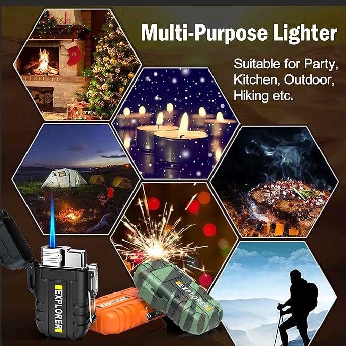 Torch 2 Pack Windproof Outdoor Gas Lighter - Adjustable Jet Flame, Fireplace, Fireworks, Grill, Camping, BBQ - Black+Orange (Without Butane)