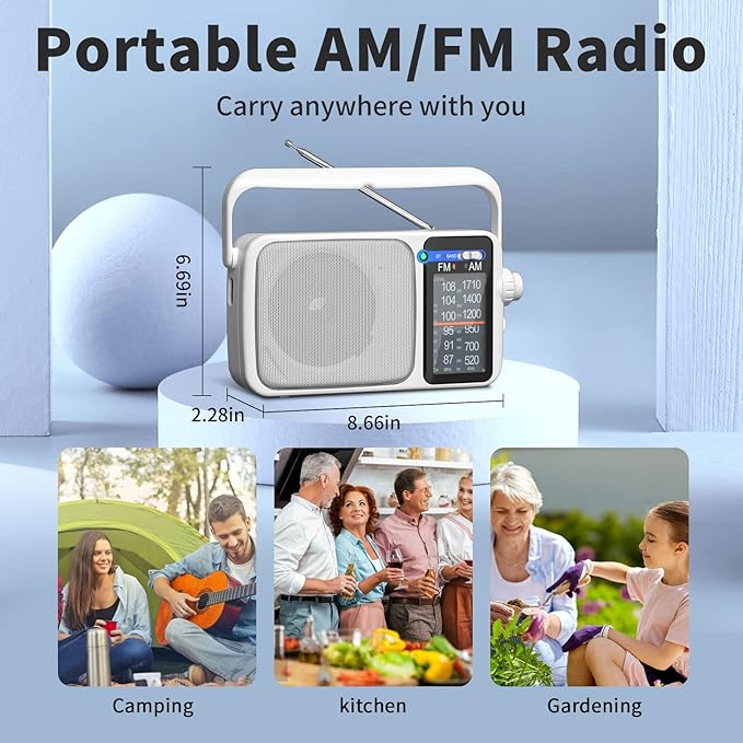 YOWGULF AM FM Radio with Best Reception,Bluetooth Portable AM FM Transistor Radio,Battery Operated or AC Power,Large Dial,Headphone Jack, Gifts for Seniors Elderly