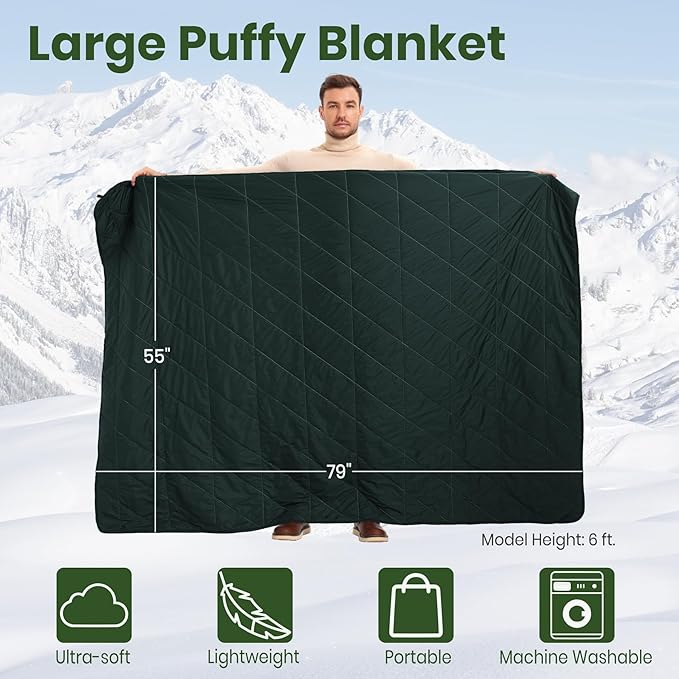 Outdoor Puffy Blanket, Reversible Warm Camping Blanket, Water-Resistant, Packable, Lightweight, Camping Quilt, for Stadium, Backpacking, Hammock, Picnic. 79"x55". Teal Green.