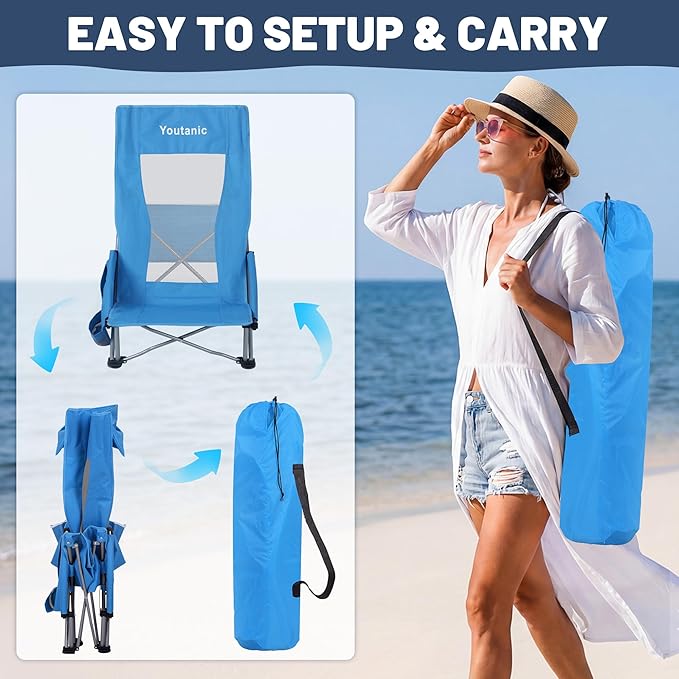 Youtanic High Back Beach Camping Chair 2 Pack, Extra Wide Folding Outdoor Chair with Cooler Bag, Breathable Mesh & Dual-Use Pillow, Portable Lounge Seat for Adults, Sand, Sports, Picnic, Blue