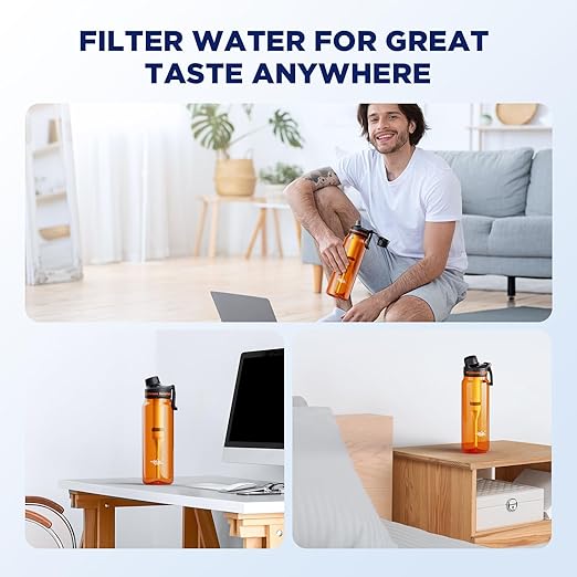 Filtered Water Bottle, Membrane Solutions C3 Water Bottle Filter with Replaceable ACFX2 Filter Cartridge, Portable Water Filter 36oz BPA-Free for Travel, Hiking & Camping Drinking use(Orange)
