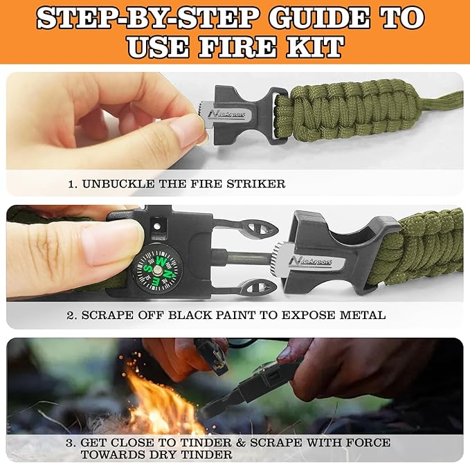 Paracord Survival Bracelet (3 Pack) - Adjustable with Fire Starter, Whistle, Compass - Survival Gear for Hiking, Camping, Fishing, Gifts for Men Dad Husband