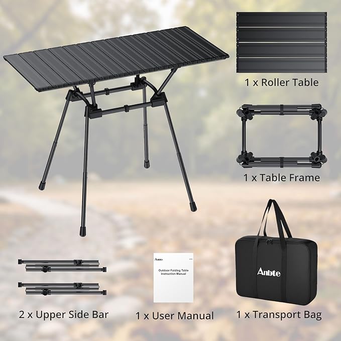 Anbte 3ft Roll Up Camping Table Max 27.5", 4 Adjustable Heights Aluminum Camping Table Foldable Waterproof with Carrying Bag, Lightweight, for Garden Picnic Outdoor Travel Beach, 35” X 16”, Black