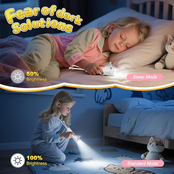 Teprewes White Cat Outdoor Kid's Flashlight Rechargeable, Led Flashlight, Fun and Lightweight Kid Flashlight Suitable for Camping and Outdoor Exploration, Dog Walking, Birthday Gift