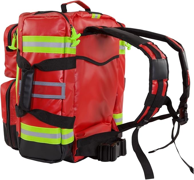 Kemp USA Heavy-Duty EMT Bag, Made with Fluid-Resistant Tarpaulin Material - Emergency Survival Kit with Room for D O2 Tank - Medical Backpack with Multiple Handles (Tarpaulin Fabric Red)