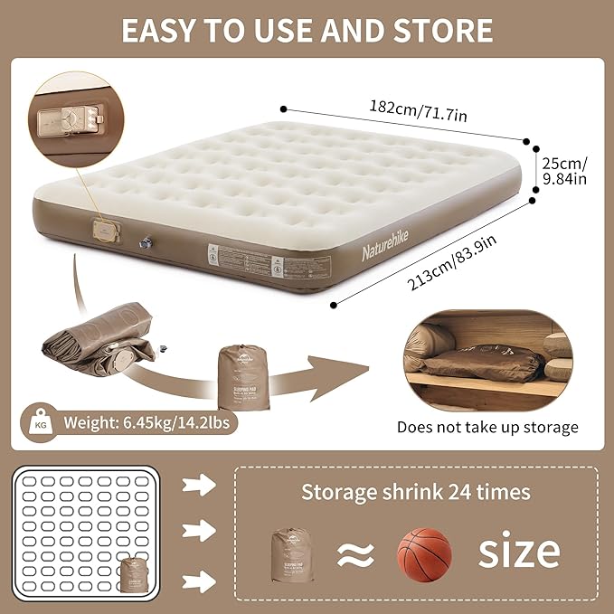 Naturehike California King Air Mattress with Built-in Pump for Home, Camping & Guests (Brown, California King)