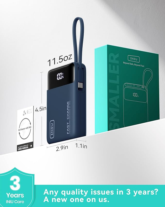 INIU 20000mAh Portable Charger, Small Power Bank, 45W PD Fast Charging Battery Pack with Build in USB-C Cable, Flight Travel Essentials Phone Charger for College Student Travelers Boys Girls, Blue