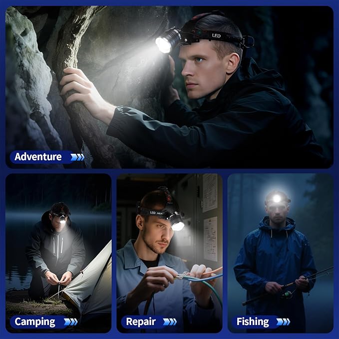 Rechargeable Headlamp Super Bright, 5 Modes Head Lamp for Forehead Zoomable, High Lumens Headlamp for Adults Waterproof, 90° Adjustable Head light & 9000mAh Long Runtime for Camping, Hunting, Hiking