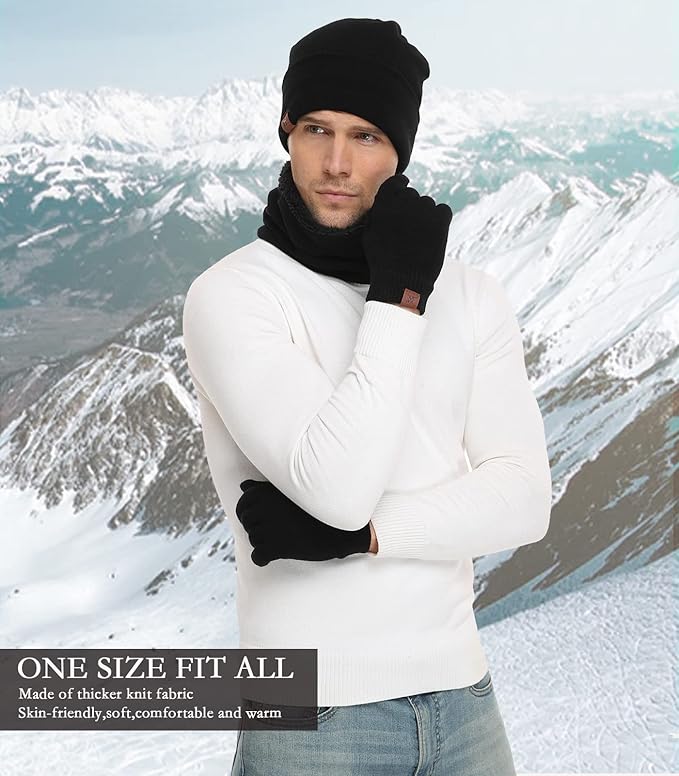 Winter Beanie Hat Scarf Touchscreen Gloves Set for Men and Women, Beanie Gloves Neck Warmer Set with Warm Knit Fleece Lined