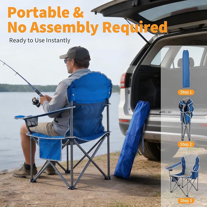 NEWBULIG Oversized Folding Camp Chair for Adults, 500 LBS Heavy Duty Support, Portable Outdoor Collapsible Chairs, with Cup Holders, Side Cooler & Pockets, for Lawn, Beach, Fishing, Hiking, Blue