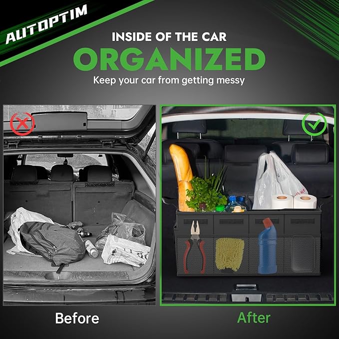AUTOPTIM Car Trunk Organizer - 50L Collapsible Car Organizer with Non Slip Bottom for Groceries, Trunk Storage with Base Panel for SUV Sedan Van, 2 Compartments (Black, Small)