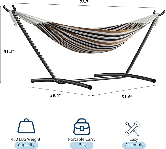 Garvee Double Hammock with Foldable Steel Stand and Carry Bag – Indoor/Outdoor Standing Hammock, 450 LBS Capacity, for Garden, Camping, Beach (Coffee)