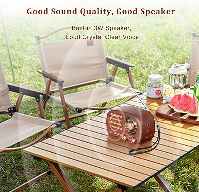 Oncheer Portable Vintage Decor Radio, Retro Bluetooth Speaker, FM/AM/SW Old Fashion Classic Style, Adjustable Antenna, Rechargeable Battery Powered, Support TF Card, USB Playing Music-Light Color